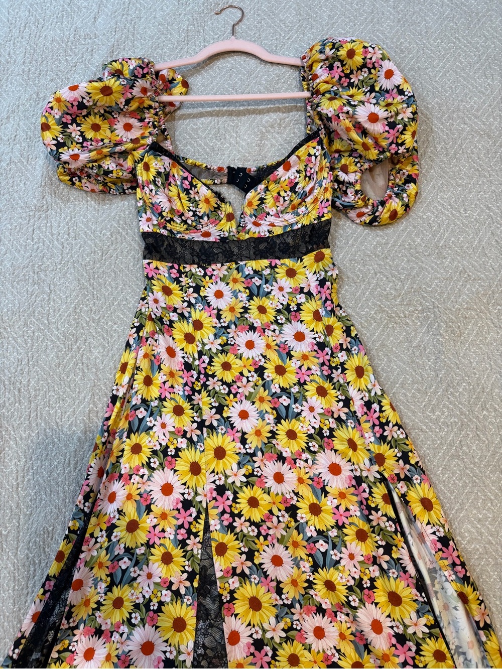 For Love And Lemons Yellow & Pink Daisy-Print Puff-Sleeve Dress
